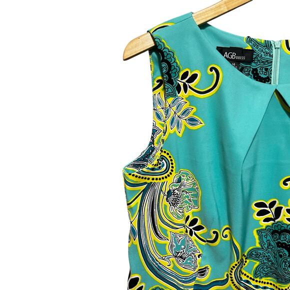 AGB Womens Dress 14 Teal‎ Floral Paisley Fit Flare Mid Length Boho Retro Mod - Picture 6 of 13